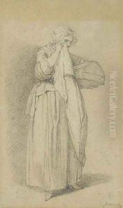 A woman dabbing her eyes with a cloth, a basket under her arm by Etienne Jeaurat