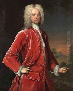 Portrait of a gentleman, three-quarter-length, in red coat and waistcoat, with a classical landscape beyond