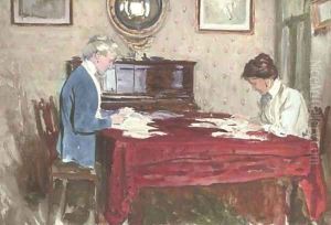 Claire Goff and Rita Jacomb-Hood reading the morning post at 26 Tite Street, Chelsea by George Percy Jacomb-Hood