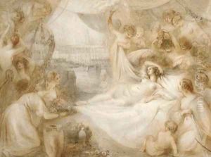 Cleopatra reclining in reverie, surrounded by attendants with Alexandria in the distance beyond
