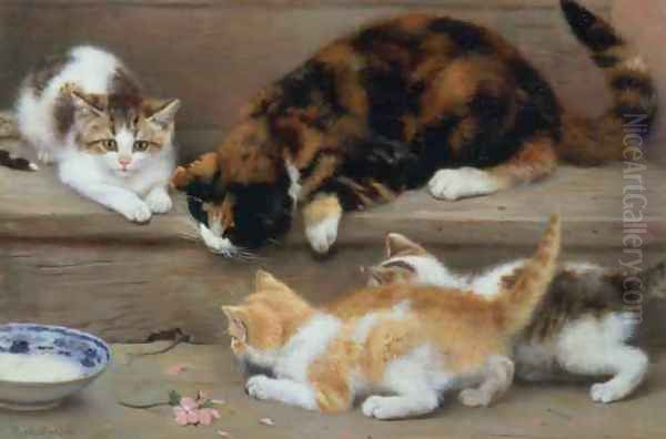 Cat and kittens chasing a mouse - view 1