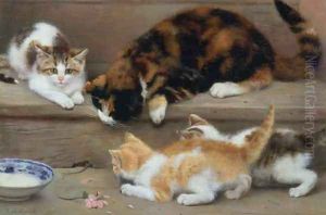 Cat and kittens chasing a mouse by Rosa Jameson