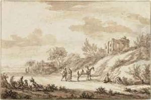 Travellers In A Wooded Landscape Beneath A Ruined Circulartemple by Pieter the Younger Mulier