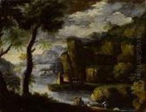 Arkadische Landschaft Mit See Und Figuren- Staffage