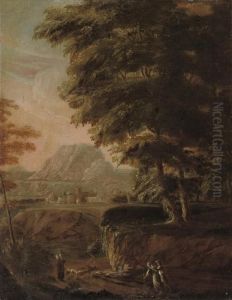 A Wooded River Landscape With Travellers On A Track, A Town Beyond by Pieter the Younger Mulier