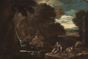 An Italianate Wooded River Landscape With Travellers At Rest by Pieter the Younger Mulier