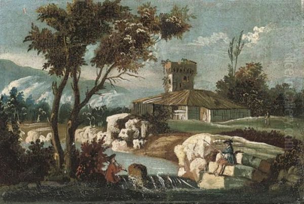 A Wooded River Landscape With
Anglers And A House Beyond; And Awooded River Landscape With Travellers
By A Bridge - view 1