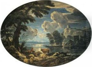 A Moonlit Pastoral Scene With A Shepherd Resting His Flock By A Lake A Moonlit Pastoral Scene With A Shepherd Resting His Flock By A Lake
