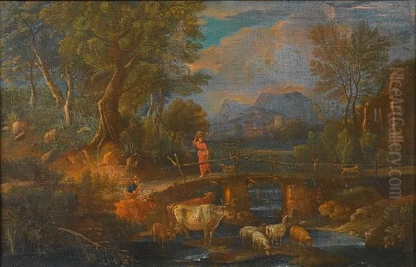 An Italianate Landscape With A
Young Woman Crossing A Bridge And A Drover Watering His Cattle And Sheep
At A Stream - view 1