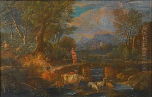 An Italianate Landscape With A 
Young Woman Crossing A Bridge And A Drover Watering His Cattle And Sheep
 At A Stream