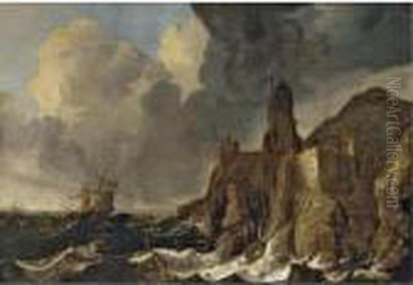 A Stormy Coastal Scene With Ships Being Wrecked Before A Clifftop Town - view 1