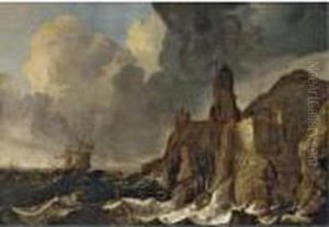 A Stormy Coastal Scene With Ships Being Wrecked Before A Clifftop Town by Pieter the Younger Mulier