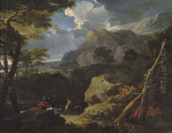 A Mountainous Landscape With Peasants Fishing By A Stream At The Edge Of A Wood - view 1