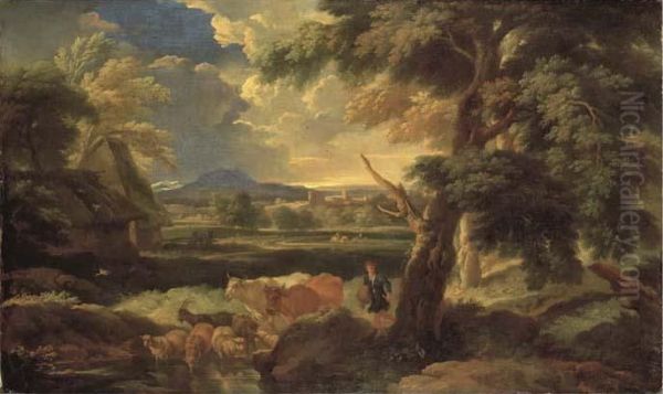 An Italianate Landscape With A Herdsman Watering His Livestock - view 1
