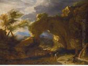A Stormy Italianate Landscape With Drovers And Their Animals Fording A Stream