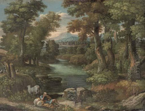 An Extensive Wooded River Landscape With A Shepherd Resting On The Riverbank - view 1