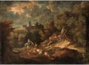 Italianate Landscape With A 
Drover And Their Animals Beside A River, A Hill Top Town Beyond