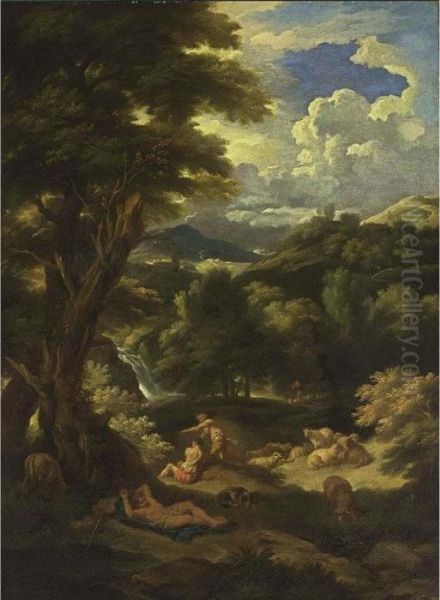 A Pastoral Landscape With Shepherds And Their Sheep Resting, A Waterfall Beyond - view 1