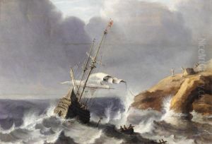 A Seascape With A Ship Before A Rocky Coast by Pieter the Younger Mulier