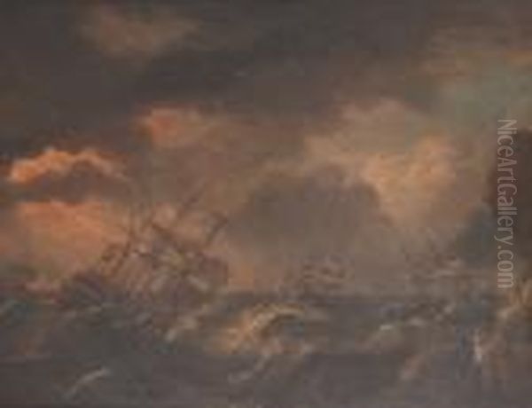 Men 'o' War And Other Shipping In A Squall Off A Rocky Coastline - view 1