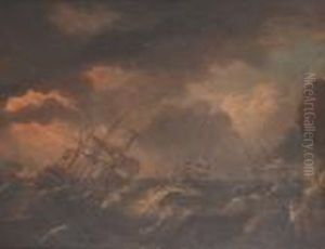 Men 'o' War And Other Shipping In A Squall Off A Rocky Coastline by Pieter the Younger Mulier