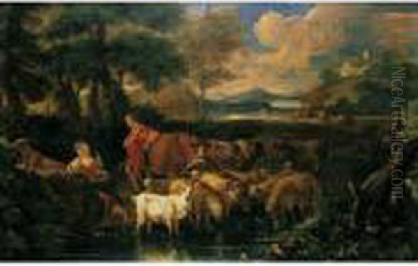 An Arcadian Landscape With A Shepherd And Shepherdess With Their Flocks Beside A Stream - view 1