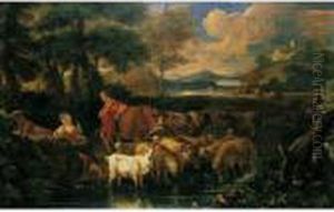 An Arcadian Landscape With A Shepherd And Shepherdess With Their Flocks Beside A Stream by Pieter the Younger Mulier