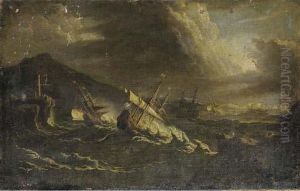 A Coastal Landcsape With Ships In A Storm by Pieter the Younger Mulier