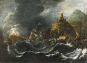 Vascelli In Burrasca Presso Una Costa Mediterranea by Pieter the Younger Mulier