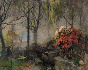 Bosco In Primavera Con Fiori E Figura by Vittorio Cavalleri