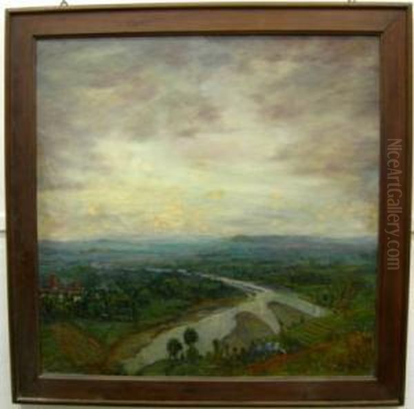 ''il Tanaro Dalle Rocche Di
Barbaresco, A Sinistra La Citta' Dialba, In Fondo Il Promontorio Di
Santa Vittoria''. - view 1