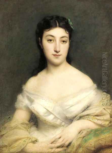 Portrait of a young lady in a white dress, half-length, seated, clad in an embroidered chiffon shawl - view 1