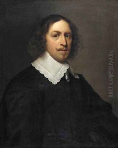Portrait of a gentleman, half-length, in an embroidered black doublet and lace collar by Cornelius Janssens Van Ceulen