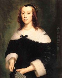 Portrait of a lady, half-length, in a black dress with a lace collar and cuffs, holding a fan by Cornelius Janssens Van Ceulen