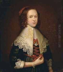 Portrait of a lady, half-length, in a green silk dress with a white lace collar and cuffs, wearing a pearl bracelet by Cornelius Janssens Van Ceulen