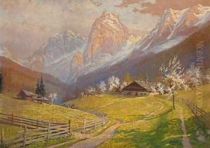 Figures walking in an Alpine Landscape by Georg Janny