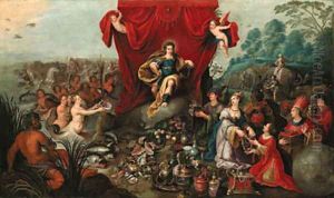 Apollo enthroned, presented with the gifts of the Continents and Oceans by Hans III Jordaens