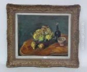 Nature Morte Au Panier De Fruits Et A La Bouteille Sur Un Gueridon by Edmond Ceria