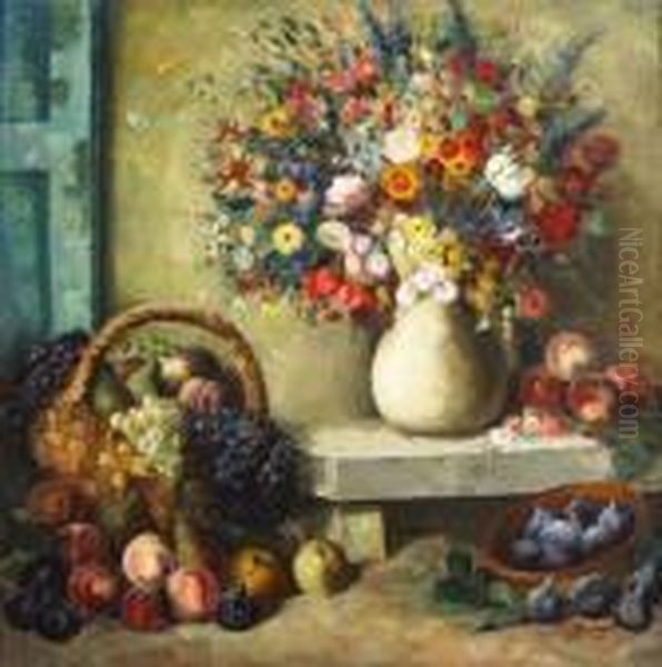Vase De Fleurs Et Corbeille De Fruits Sur Entablement - view 1