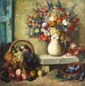 Vase De Fleurs Et Corbeille De Fruits Sur Entablement