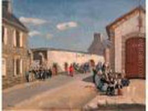 Rue De Port En Bretagne Avec Bretonnes En Habit Traditionnel by Edmond Ceria