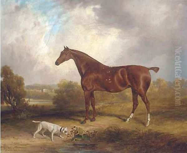 A chestnut hunter before a country house - view 1