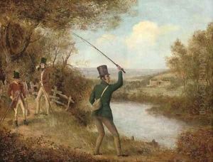 A fly-fisherman casting a fly, a house beyond, thought to be Chatsworth by Samuel John Egbert Jones