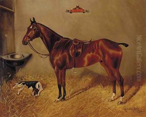 Hotspur, a saddled liver chestnut hunter with a dog in a stable