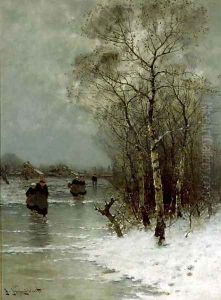 Girls Walking on a Frozen River by Johann II Jungblut