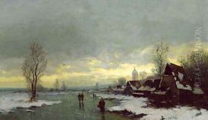 People Walking on a Frozen River by Johann II Jungblut
