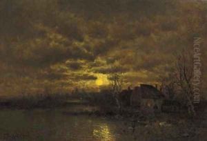 A river landscape at dusk by Johann II Jungblut