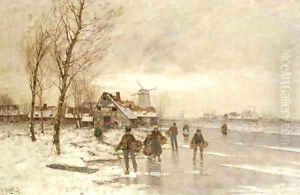 A winter landscape with figures on a frozen waterway by Johann II Jungblut