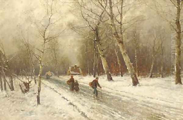 Figures on a snow covered country road - view 1