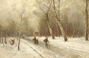 Figures on a snow covered country road by Johann II Jungblut